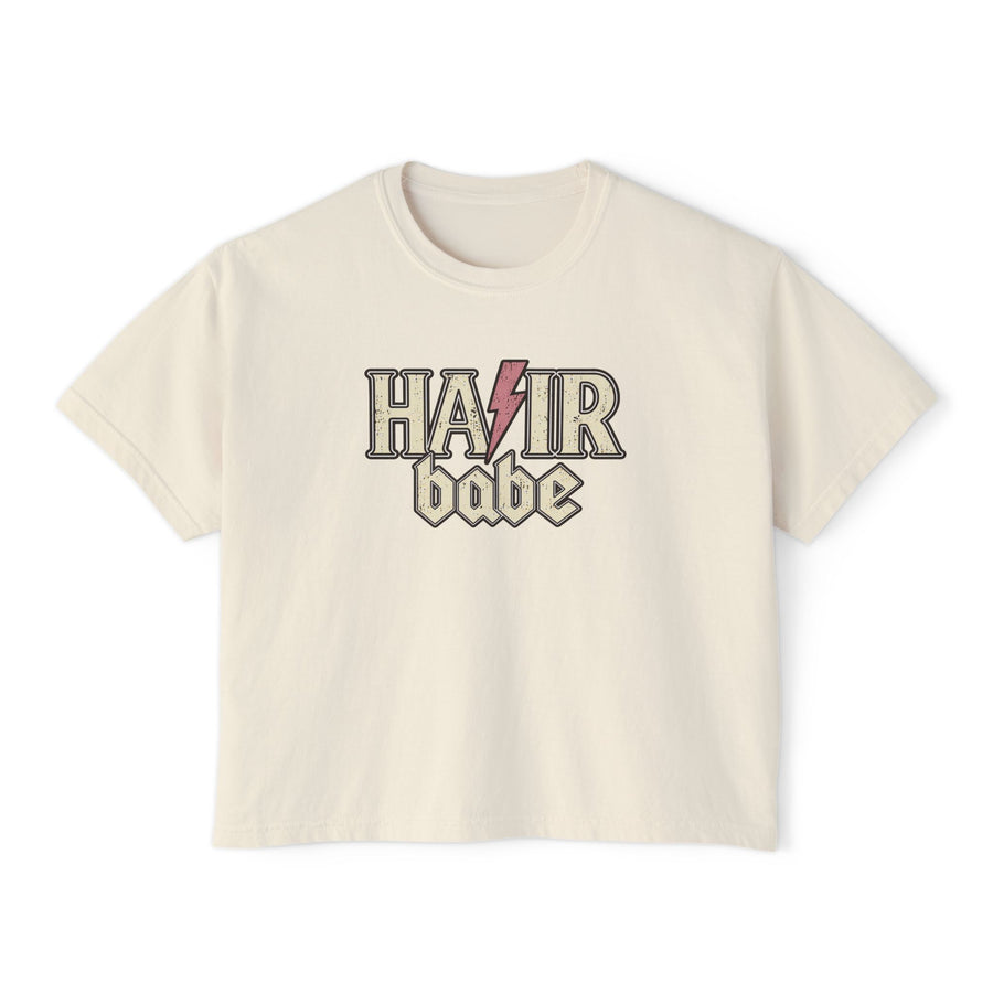 Hair Babe retro tee in ivory with distressed vintage lettering and pink lightning bolt, hairstylist shirt