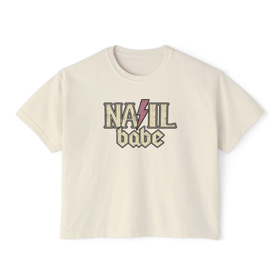 Nail Babe retro tee in ivory with distressed vintage lettering and pink lightning bolt, nail tech shirt