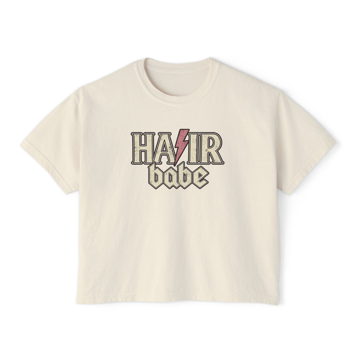 Hair Babe retro tee in ivory with distressed vintage lettering and pink lightning bolt, hairstylist shirt