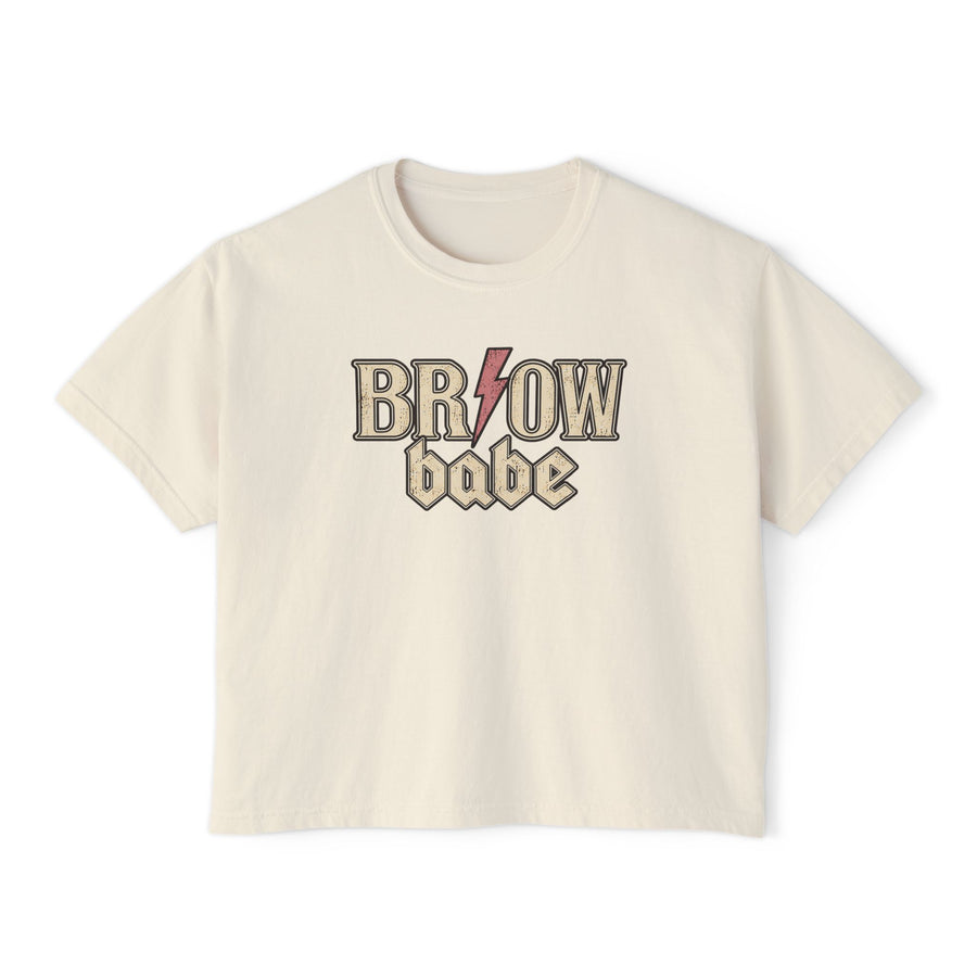 Brow Babe retro tee in ivory with distressed vintage lettering and pink lightning bolt, brow artist shirt